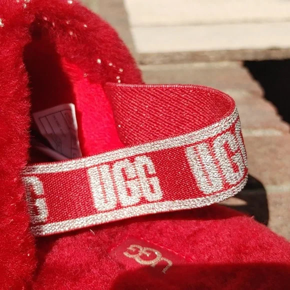 UGG Fluff Yeah Red Metallic Sparkle Slippers Size 8 (1525)